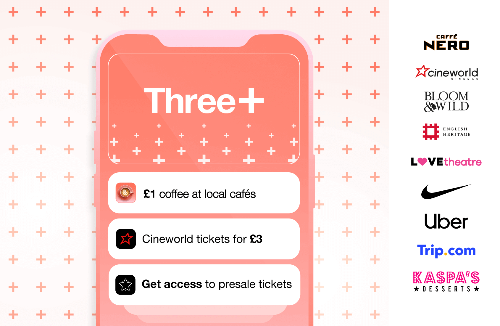 Offers on Three+ can include Caffe Nero, Cineworld, Bloom & Wild, English Heritage, Love Theatre, Nike, Uber, Trip.com and Kaspa''s desserts